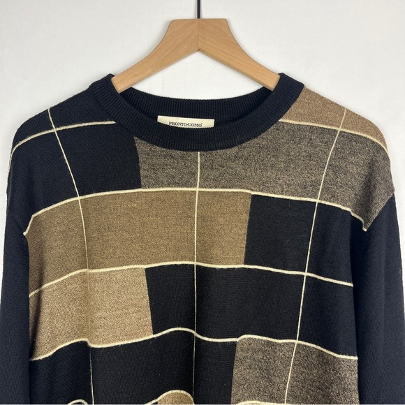 PRONTO UOMO Men's Wool Blend Graphic Sweater Pullover Crewneck Black Brown L 90s - Picture 4 of 8